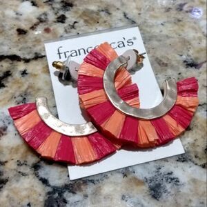 NWT FRANCESCAS Red/Orange Raffia Striped SemiCircle Matte Gold Hanging Earrings